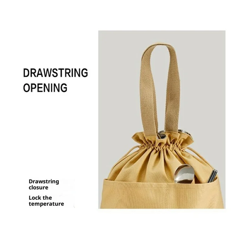 Canvas Lunch Bag Drawstring Insulated Tote for Work Picnic Portable Meal Container Carrier - Beige