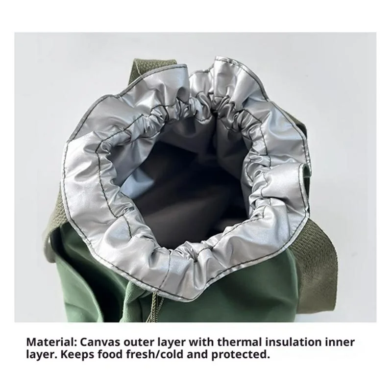 Canvas Lunch Bag Drawstring Insulated Tote for Work Picnic Portable Meal Container Carrier - Beige