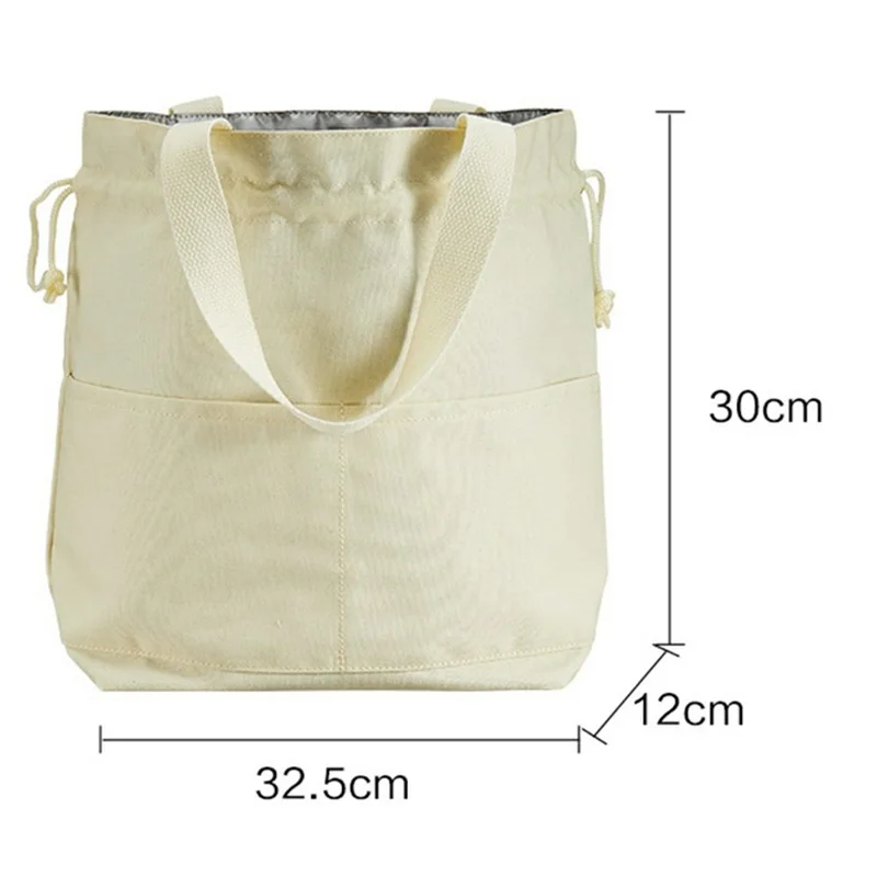 Canvas Lunch Bag Drawstring Insulated Tote for Work Picnic Portable Meal Container Carrier - Beige