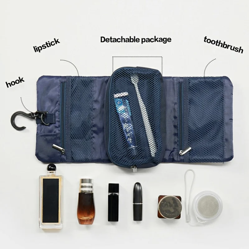Waterproof Oxford Fabric Travel Toiletry Bag with Detachable Inner Pouch Adjustable Buckle Hanging Cosmetic Organizer - Navy Blue