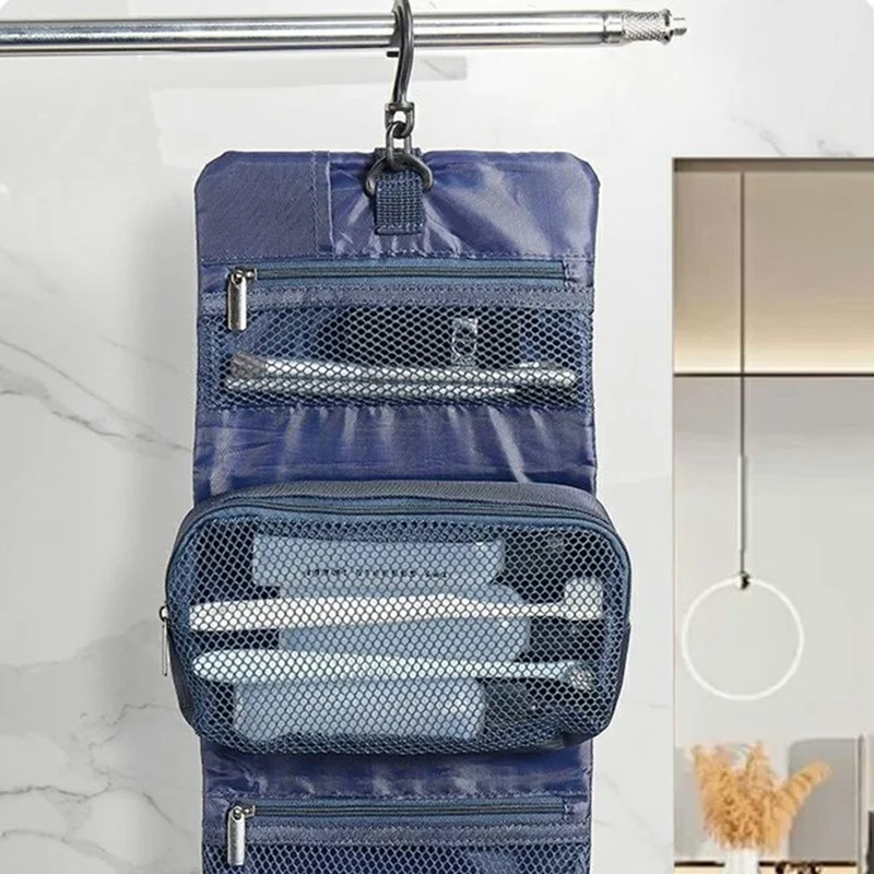 Waterproof Oxford Fabric Travel Toiletry Bag with Detachable Inner Pouch Adjustable Buckle Hanging Cosmetic Organizer - Navy Blue