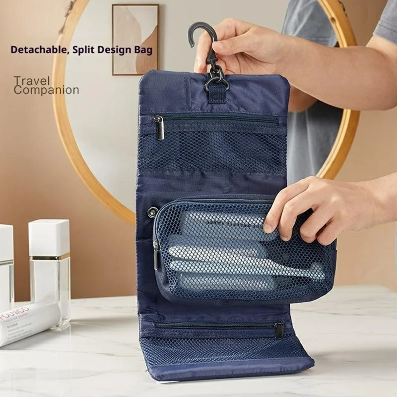 Extra Large Travel Toiletry Bag with Detachable Inner Pouch Adjustable Buckle Waterproof Hanging Cosmetic Organizer - Navy Blue