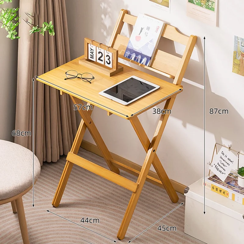 2575DGNZDZ-01 Size S Adjustable Height Folding Computer Desk Home Office Study Bedside Corner Table with Bookshelf, 44cm x 45cm x 87cm - Wood Color