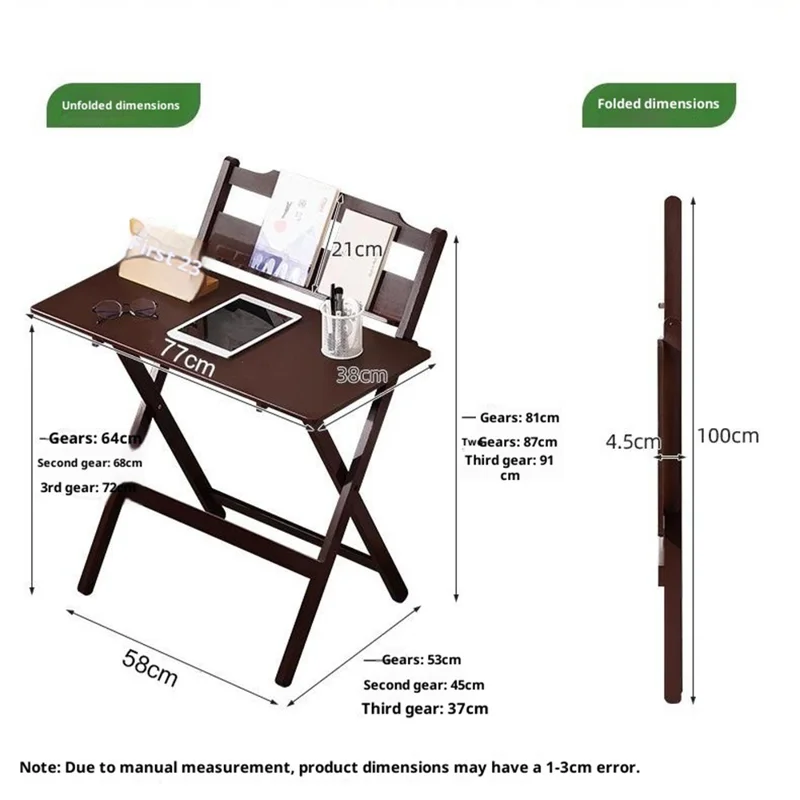 2575DGNZDZ-02 Size L Adjustable Height Folding Computer Desk Home Office Study Bedside Corner Table with Bookshelf, 58cm x 45cm x 87cm - Wood Color