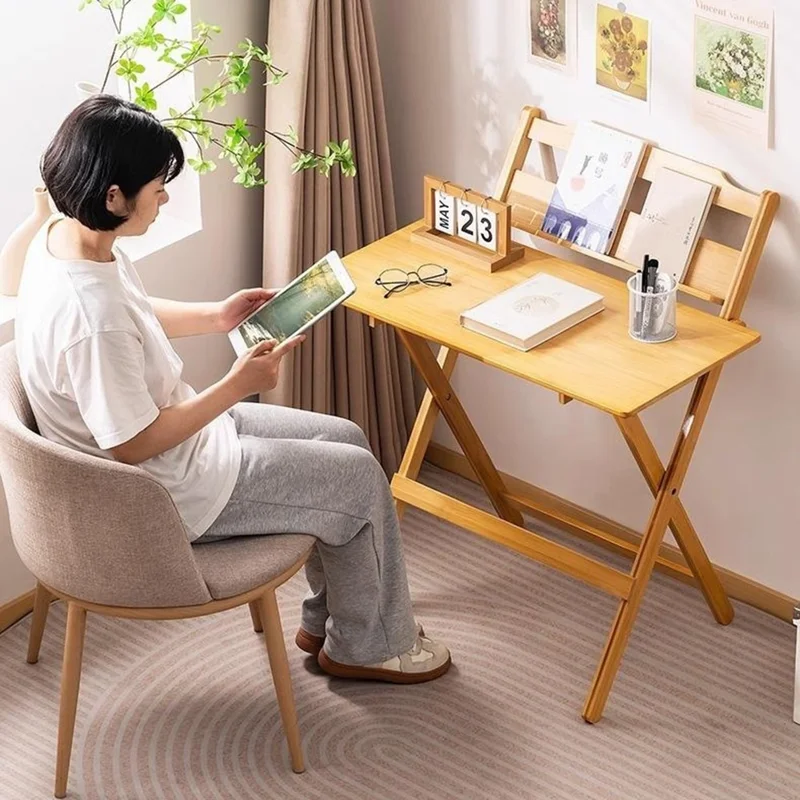 2575DGNZDZ-02 Size L Adjustable Height Folding Computer Desk Home Office Study Bedside Corner Table with Bookshelf, 58cm x 45cm x 87cm - Wood Color