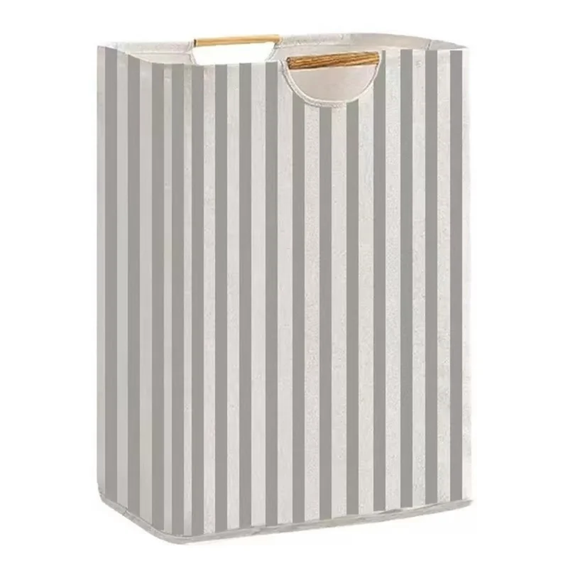 30×30×40cm Foldable Wooden Handle Laundry Hamper Large Capacity Fabric Storage Basket - Vertical Stripes