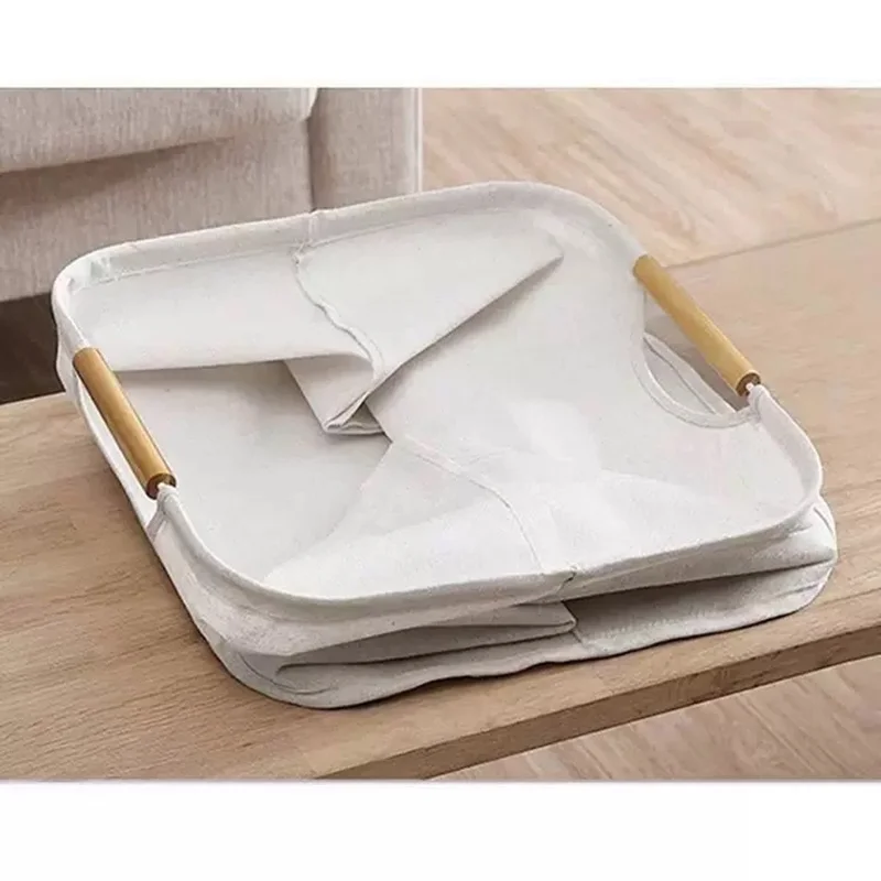 30×30×40cm Foldable Wooden Handle Laundry Hamper Large Capacity Fabric Storage Basket - Vertical Stripes