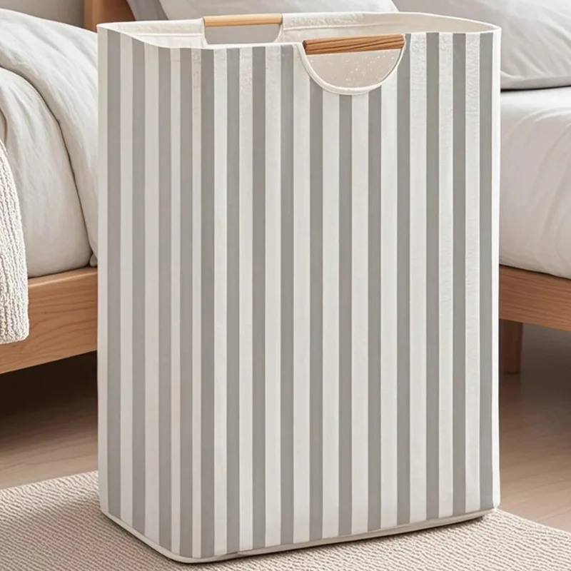 30×30×40cm Foldable Wooden Handle Laundry Hamper Large Capacity Fabric Storage Basket - Vertical Stripes