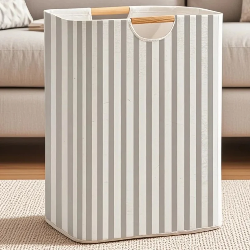 40×30×40cm Foldable Wooden Handle Laundry Hamper Large Capacity Fabric Storage Basket - Vertical Stripes
