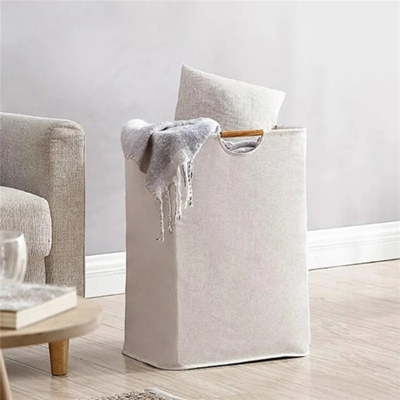 40×30×40cm Foldable Wooden Handle Laundry Hamper Large Capacity Fabric Storage Basket - Vertical Stripes