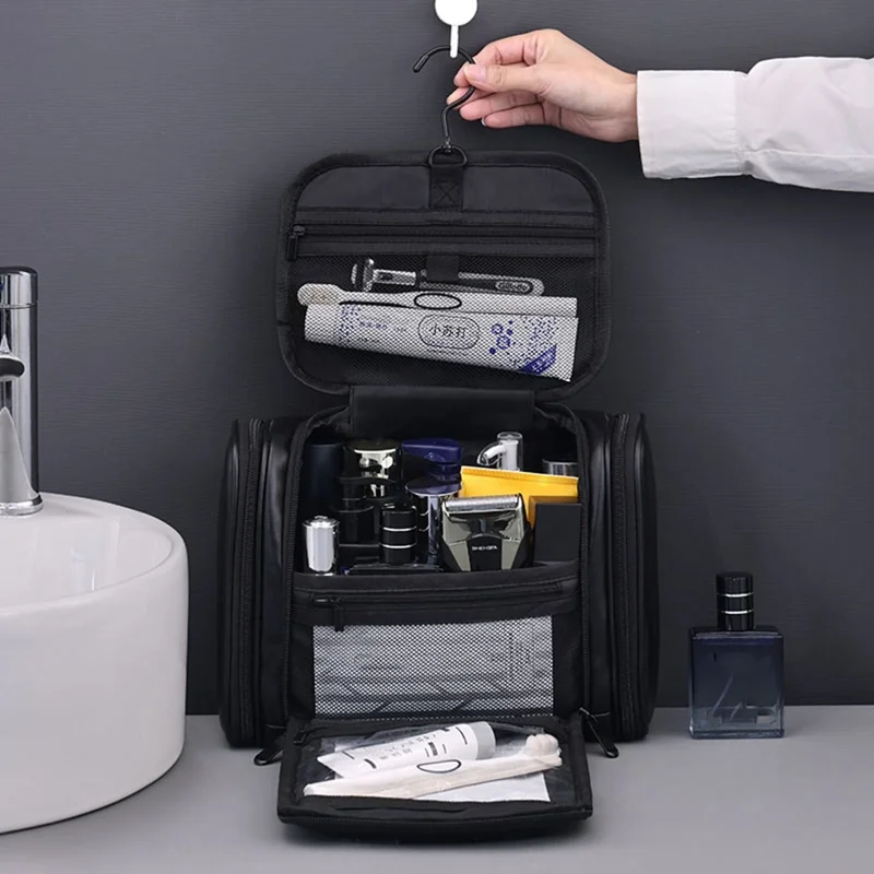 4043 Косметичка с 4 отделениями, водонепроницаемая дорожная сумка для туалетных принадлежностей, вместительный органайзер для макияжа с крючком — черный