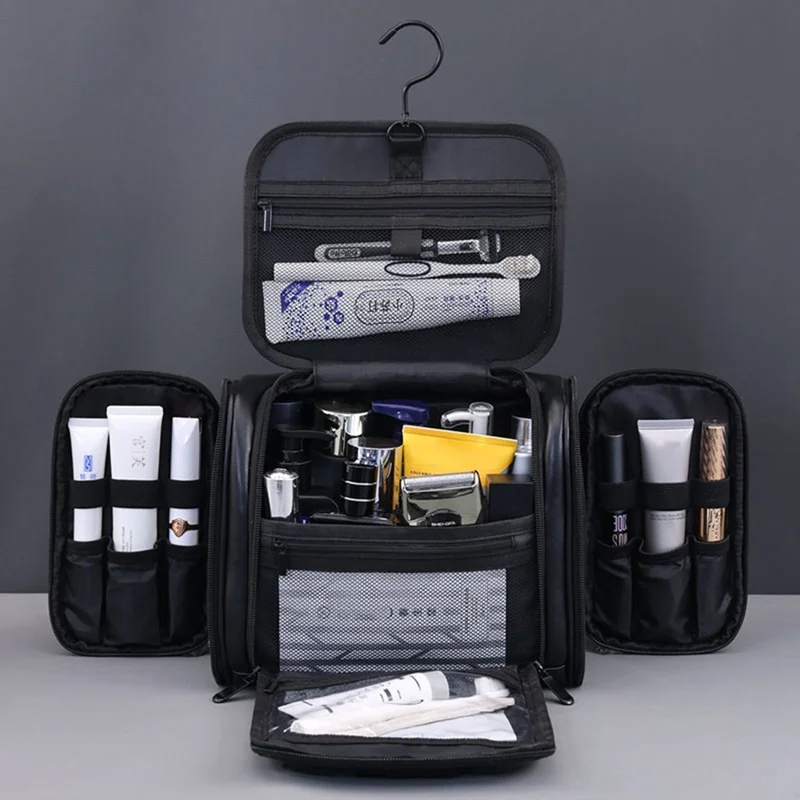 4043 Косметичка с 4 отделениями, водонепроницаемая дорожная сумка для туалетных принадлежностей, вместительный органайзер для макияжа с крючком — черный
