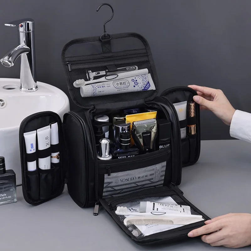4043 Косметичка с 4 отделениями, водонепроницаемая дорожная сумка для туалетных принадлежностей, вместительный органайзер для макияжа с крючком — черный