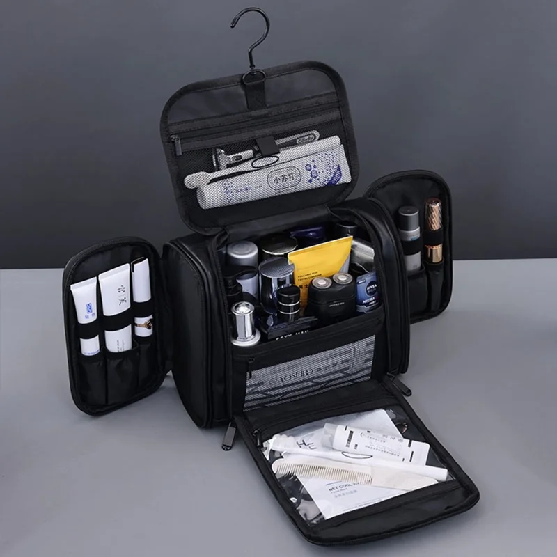 4043 Косметичка с 4 отделениями, водонепроницаемая дорожная сумка для туалетных принадлежностей, вместительный органайзер для макияжа с крючком — черный