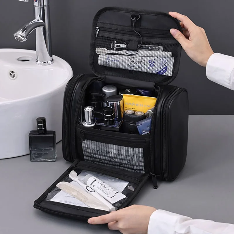 4043 Косметичка с 4 отделениями, водонепроницаемая дорожная сумка для туалетных принадлежностей, вместительный органайзер для макияжа с крючком — черный