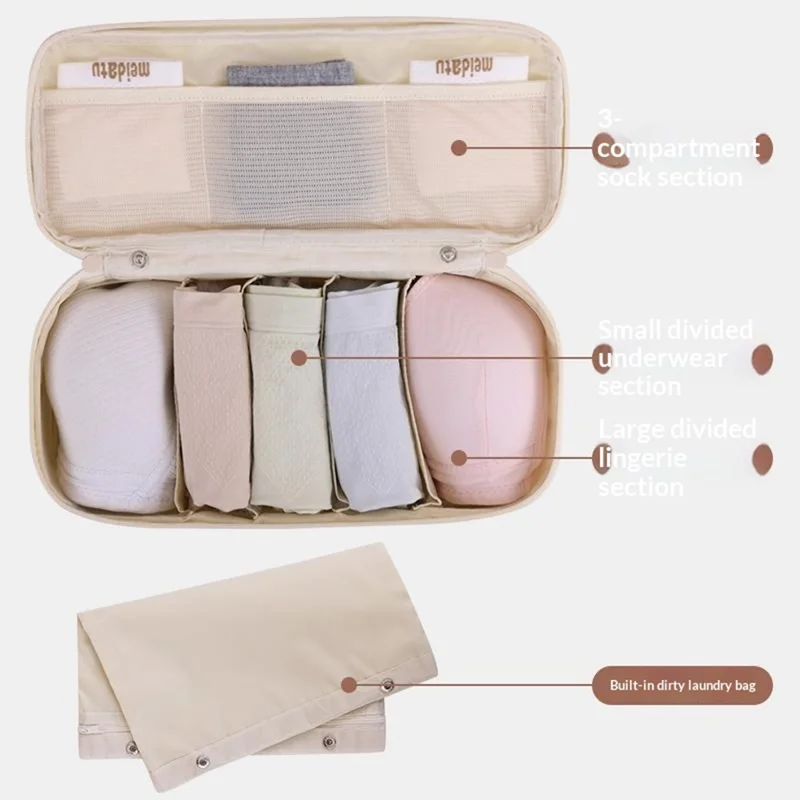 3 in 1 Large Capacity Bra Organizer Travel Underwear Socks Storage Bag Clothes Packing Cube - Beige
