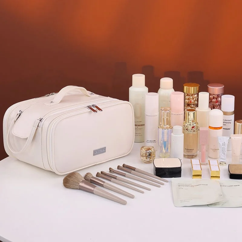 8099 Kosmetiktasche mit großem Fassungsvermögen, tragbarer Reise-Make-up-Organizer mit Netzfaschern, wasserabweisend - Beige