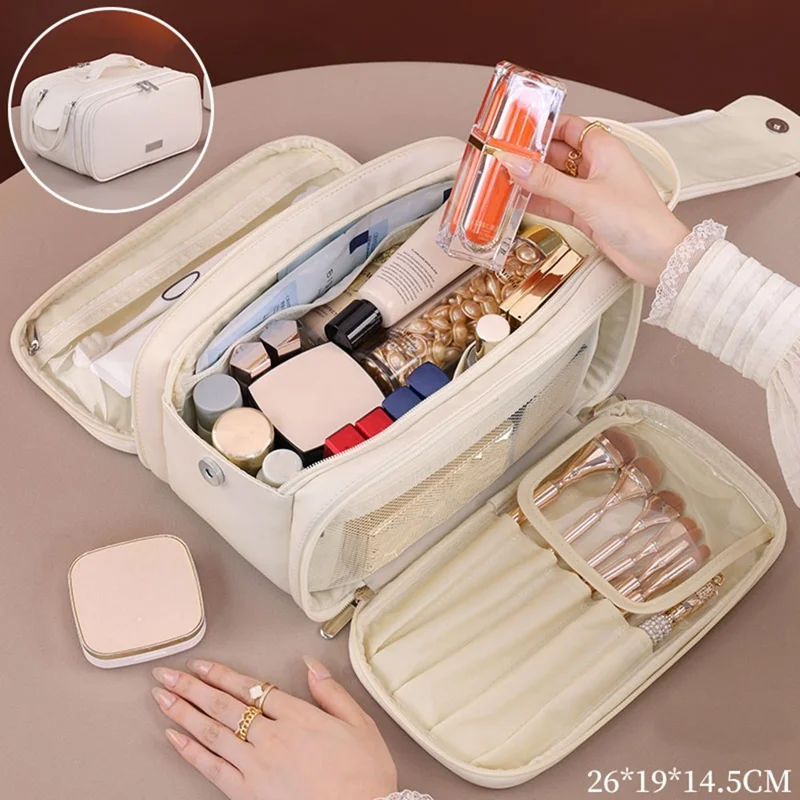 8099 Kosmetiktasche mit großem Fassungsvermögen, tragbarer Reise-Make-up-Organizer mit Netzfaschern, wasserabweisend - Beige