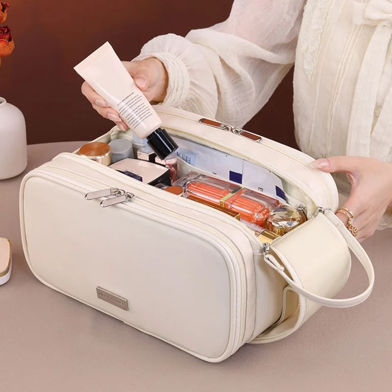 8099 Kosmetiktasche mit großem Fassungsvermögen, tragbarer Reise-Make-up-Organizer mit Netzfaschern, wasserabweisend - Beige