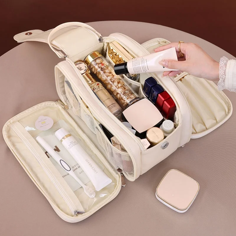 8099 Kosmetiktasche mit großem Fassungsvermögen, tragbarer Reise-Make-up-Organizer mit Netzfaschern, wasserabweisend - Beige