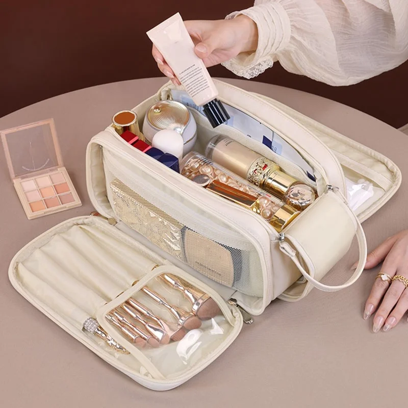 8099 Kosmetiktasche mit großem Fassungsvermögen, tragbarer Reise-Make-up-Organizer mit Netzfaschern, wasserabweisend - Beige