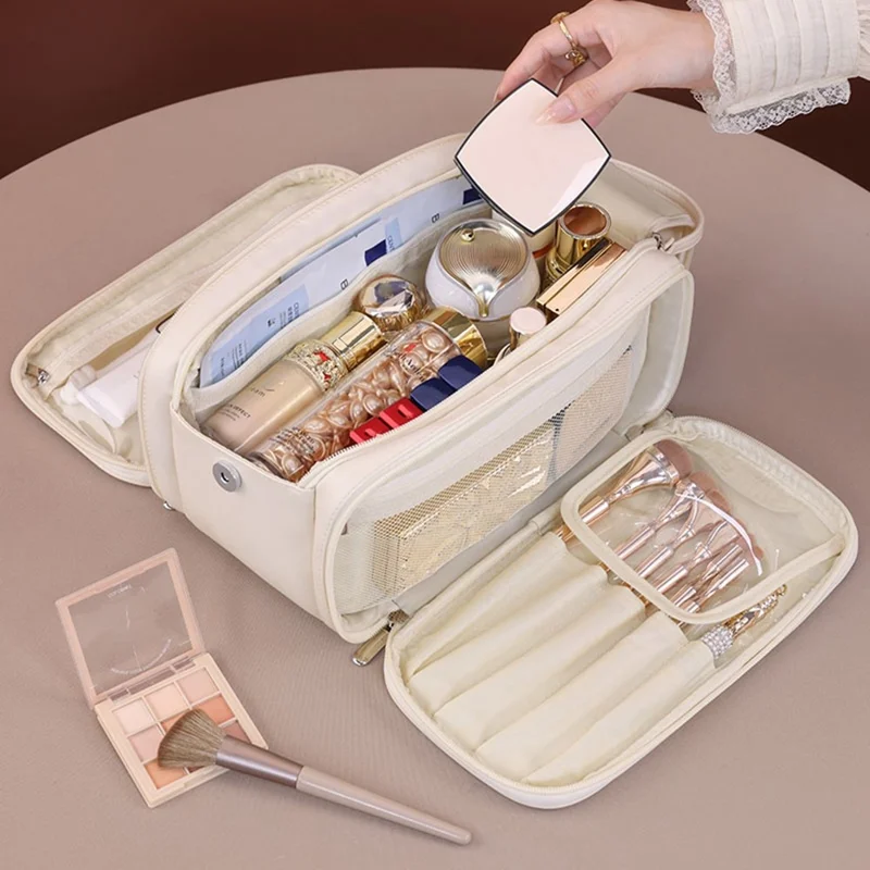 8099 Kosmetiktasche mit großem Fassungsvermögen, tragbarer Reise-Make-up-Organizer mit Netzfaschern, wasserabweisend - Beige