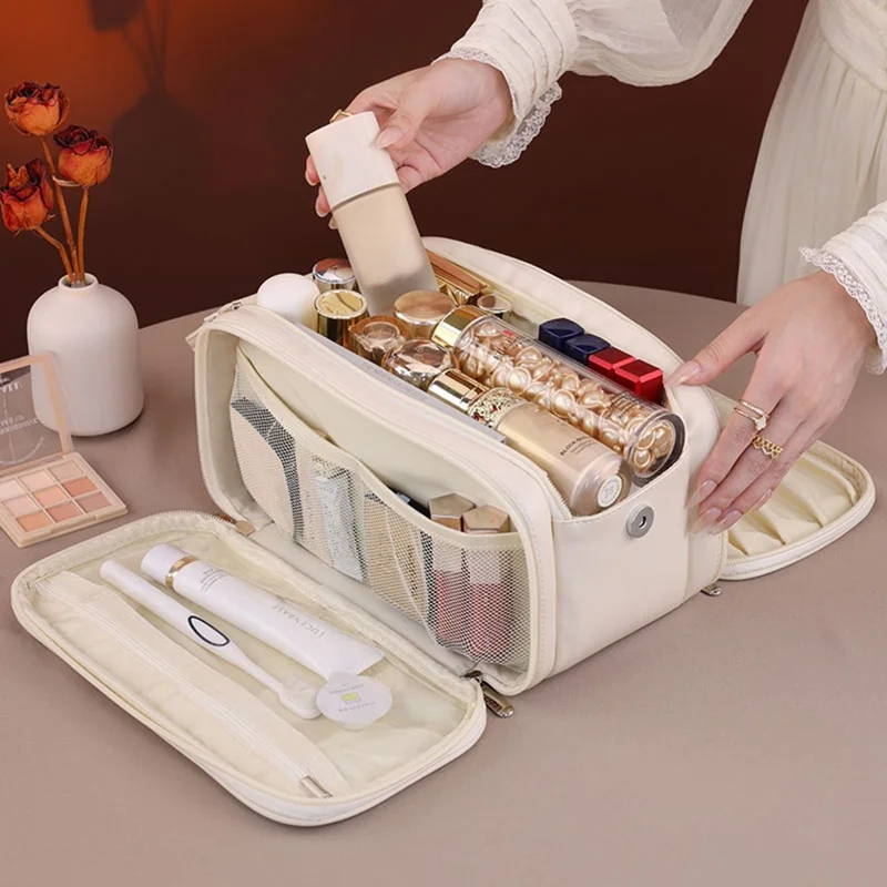 8099 Kosmetiktasche mit großem Fassungsvermögen, tragbarer Reise-Make-up-Organizer mit Netzfaschern, wasserabweisend - Beige