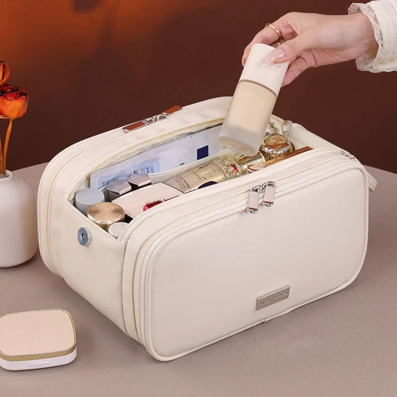 8099 Kosmetiktasche mit großem Fassungsvermögen, tragbarer Reise-Make-up-Organizer mit Netzfaschern, wasserabweisend - Beige