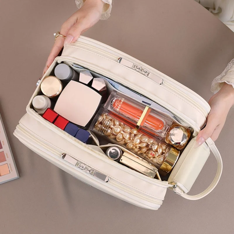 8099 Kosmetiktasche mit großem Fassungsvermögen, tragbarer Reise-Make-up-Organizer mit Netzfaschern, wasserabweisend - Beige