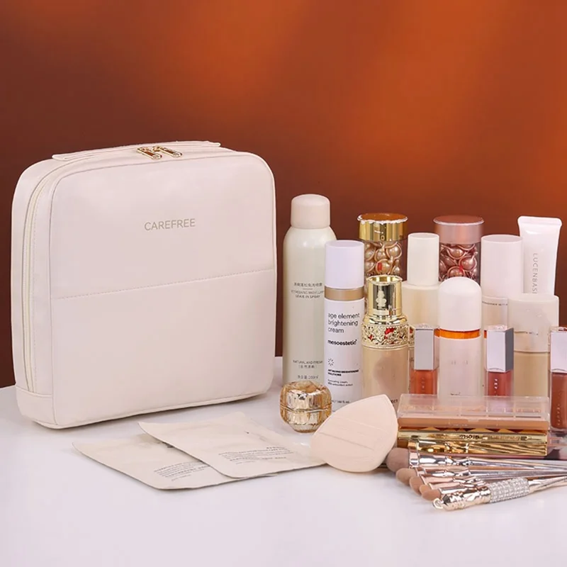 8101 Große Kosmetiktasche mit Magnetverschluss, wasserdicht, Leder Organizer mit Mehrfachfach - Beige