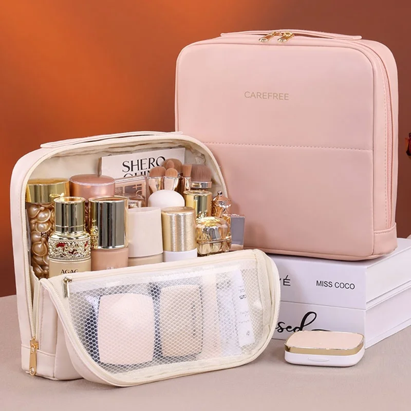 8101 Große Kosmetiktasche mit Magnetverschluss, wasserdicht, Leder Organizer mit Mehrfachfach - Beige