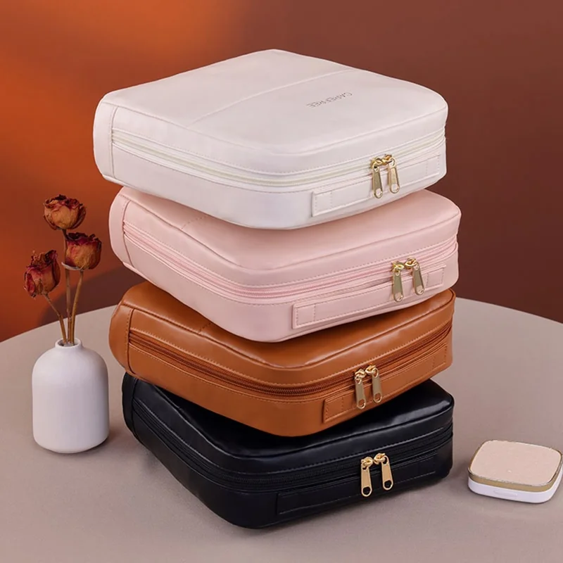 8101 Große Kosmetiktasche mit Magnetverschluss, wasserdicht, Leder Organizer mit Mehrfachfach - Beige