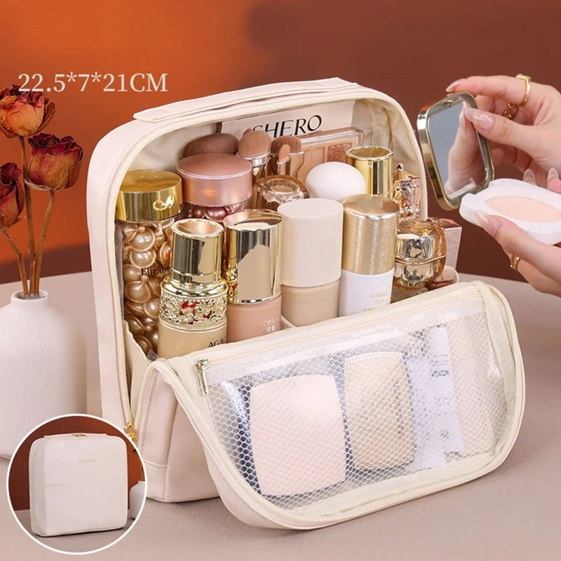 8101 Große Kosmetiktasche mit Magnetverschluss, wasserdicht, Leder Organizer mit Mehrfachfach - Beige
