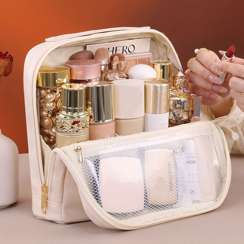 8101 Große Kosmetiktasche mit Magnetverschluss, wasserdicht, Leder Organizer mit Mehrfachfach - Beige