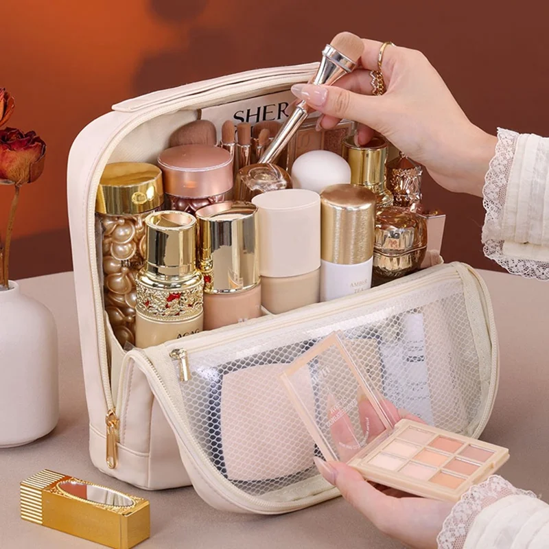 8101 Große Kosmetiktasche mit Magnetverschluss, wasserdicht, Leder Organizer mit Mehrfachfach - Beige