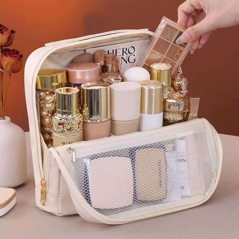 8101 Große Kosmetiktasche mit Magnetverschluss, wasserdicht, Leder Organizer mit Mehrfachfach - Beige