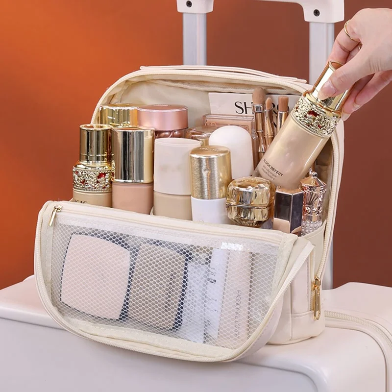 8101 Große Kosmetiktasche mit Magnetverschluss, wasserdicht, Leder Organizer mit Mehrfachfach - Beige