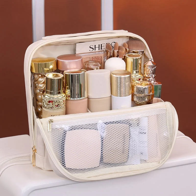 8101 Große Kosmetiktasche mit Magnetverschluss, wasserdicht, Leder Organizer mit Mehrfachfach - Beige