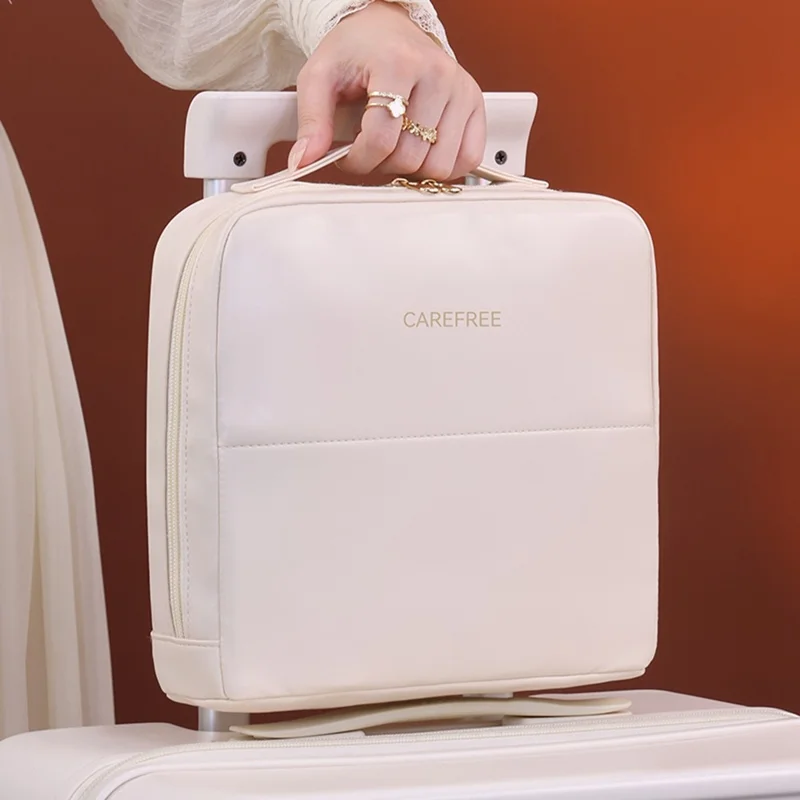 8101 Große Kosmetiktasche mit Magnetverschluss, wasserdicht, Leder Organizer mit Mehrfachfach - Beige