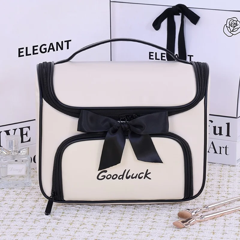 8090 PU Leather Travel Makeup Storage Bag Large Capacity Cosmetic Case Portable Skincare Organizer - White