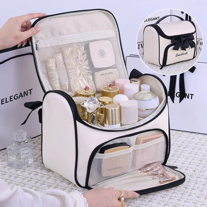 8090 PU Leather Travel Makeup Storage Bag Large Capacity Cosmetic Case Portable Skincare Organizer - White
