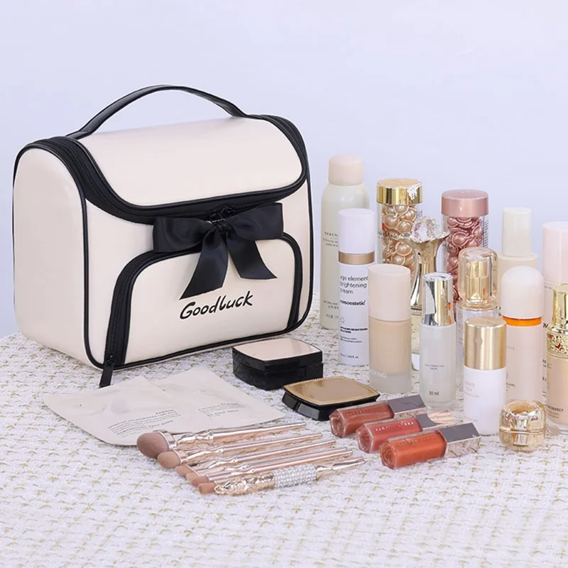 8090 PU Leather Travel Makeup Storage Bag Large Capacity Cosmetic Case Portable Skincare Organizer - White