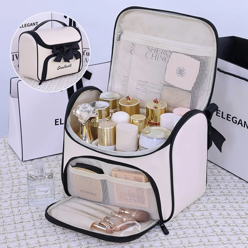 8090 PU Leather Travel Makeup Storage Bag Large Capacity Cosmetic Case Portable Skincare Organizer - White