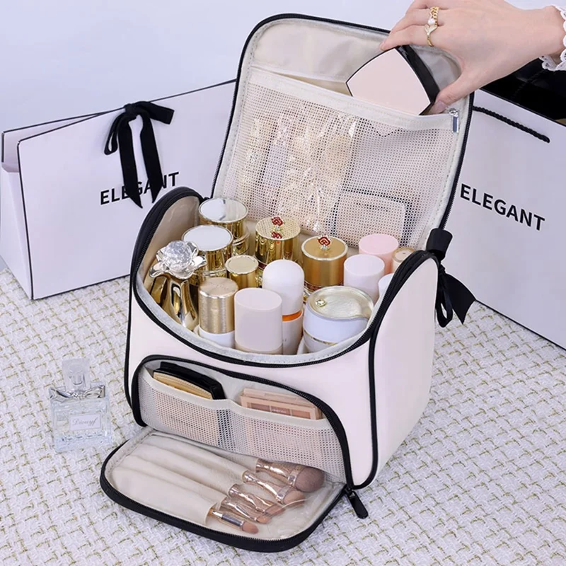 8090 PU Leather Travel Makeup Storage Bag Large Capacity Cosmetic Case Portable Skincare Organizer - White