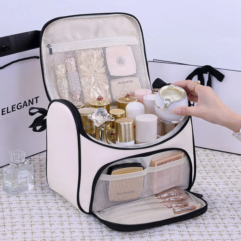 8090 PU Leather Travel Makeup Storage Bag Large Capacity Cosmetic Case Portable Skincare Organizer - White