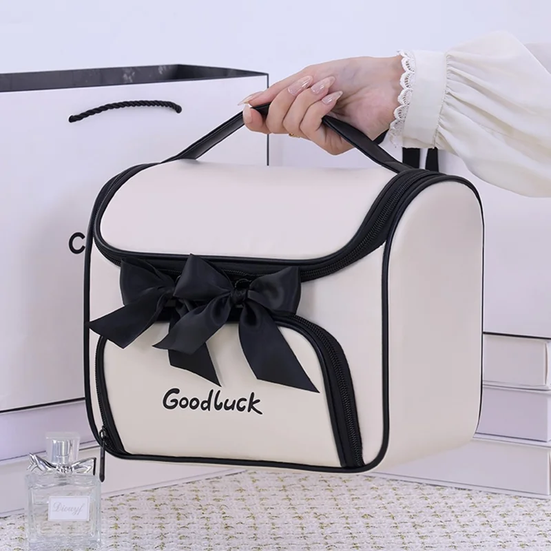 8090 PU Leather Travel Makeup Storage Bag Large Capacity Cosmetic Case Portable Skincare Organizer - White