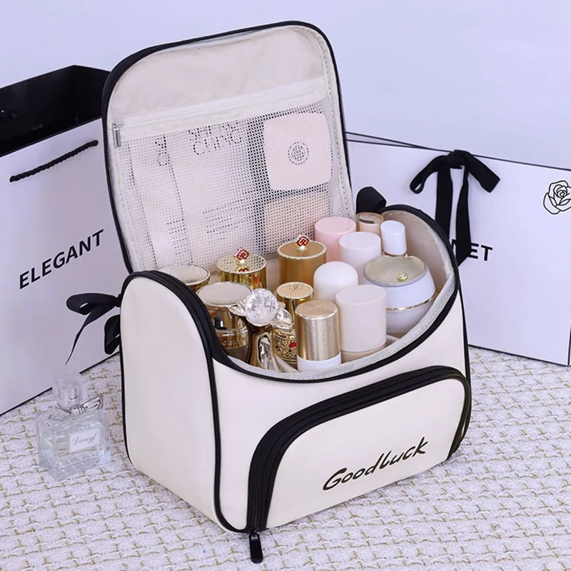 8090 PU Leather Travel Makeup Storage Bag Large Capacity Cosmetic Case Portable Skincare Organizer - White