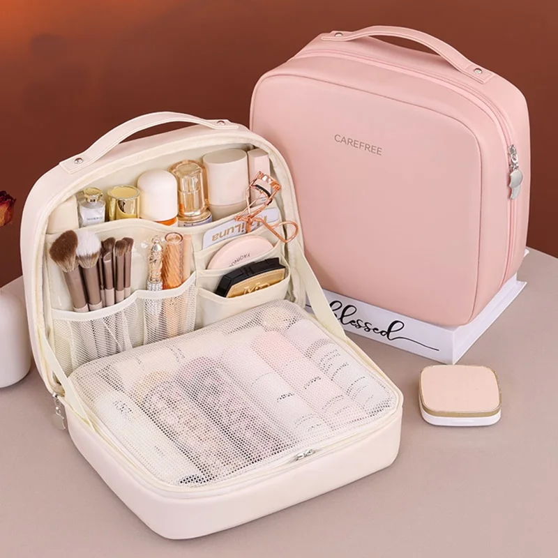 8098 Large Capacity Portable Makeup Bag For Travel Luxury Toiletry Organizer Double Layer Waterproof Cosmetic Case - Beige