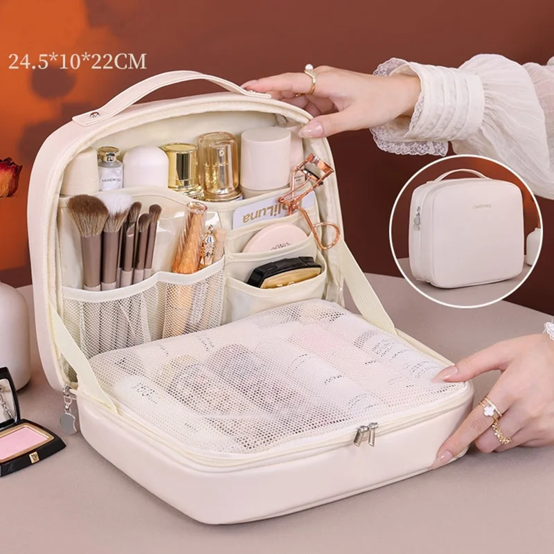 8098 Large Capacity Portable Makeup Bag For Travel Luxury Toiletry Organizer Double Layer Waterproof Cosmetic Case - Beige