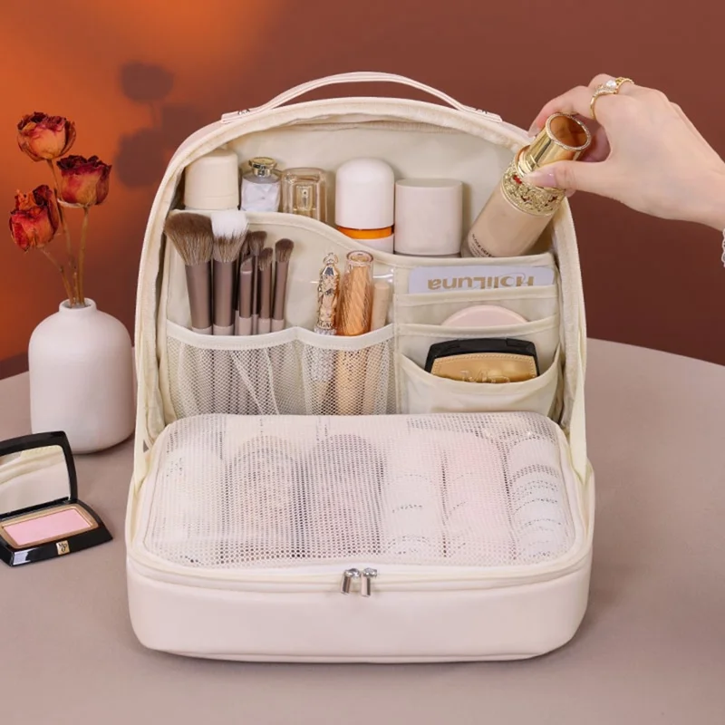 8098 Large Capacity Portable Makeup Bag For Travel Luxury Toiletry Organizer Double Layer Waterproof Cosmetic Case - Beige